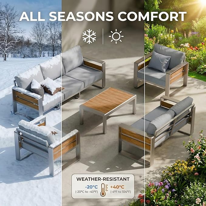 ZANDOR Aluminum Outdoor Patio Furniture - 2 Pcs Armchairs and Coffee Table, All-Weather Metal Modern Outside Furniture with Washable Thick Cushion for Garden/Backyard/Porch, Silver