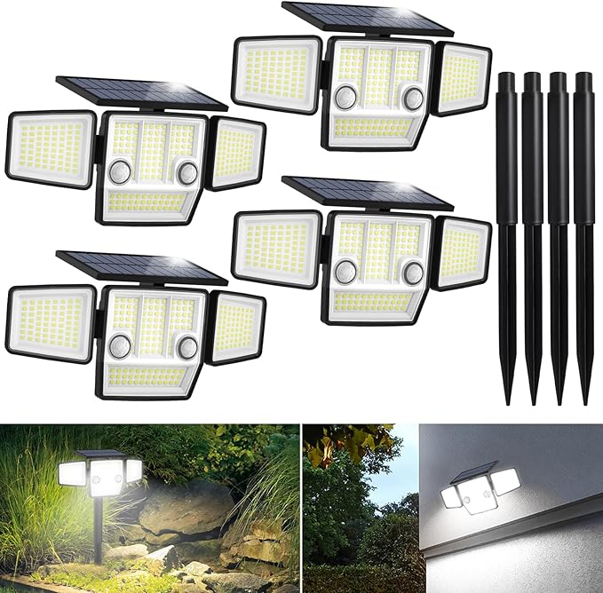 Solar Lights Outdoor, In-Ground or Wall Mount, 180° PIR Motion Sensor, 236 LED 2500 Lumens 360° Illumination Solar Security Flood Light, Dusk to Dawn, 3 Modes, IP65 Waterproof, 4 Pack