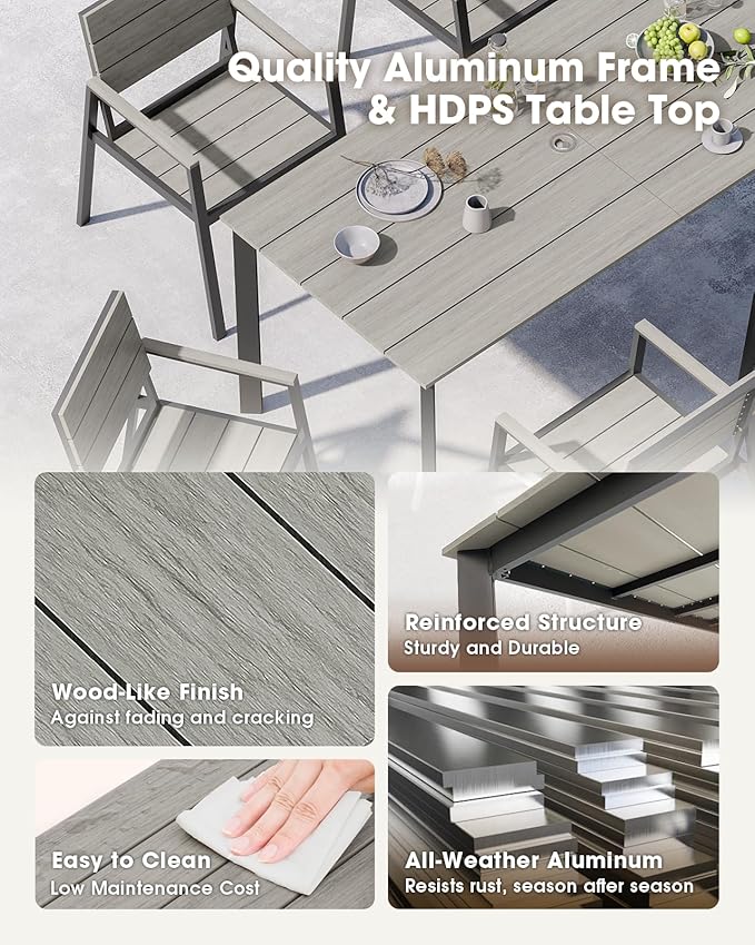 Outdoor Patio Dining Set for 4，Aluminum & HDPS Patio Table and Chairs Set with Umbrella Hole, Modren 5 Peice Patio Furniture Set, All-Weather Dining Table and 4 Chairs (Classic Gray)