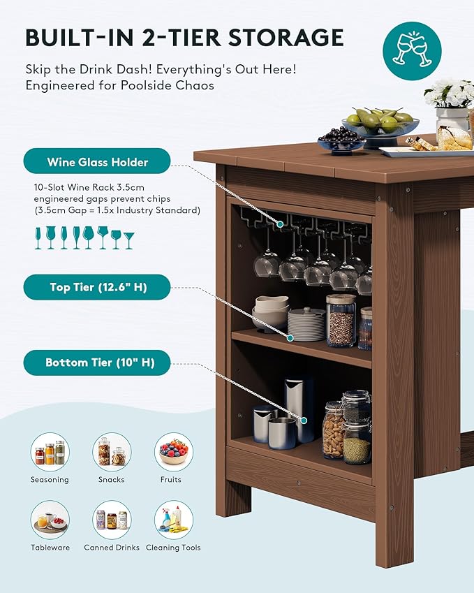 SERWALL 10-Piece HDPE Counter Height Dining Table Sets with Storage and Wine Rack, 2 Rectangular Bar Table with Bar Stools Set of 8 for Garden, Backyard, Kitchen, Brown