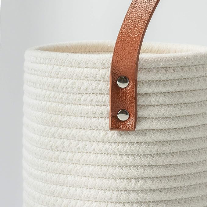 Goodpick 2pack Rope Hanging Basket - Small Round Hanging Baskets Storage for Key, Sunglasses, Wallet on Door - Modern Woven Baskets Wall Decor for Plant, White Cotton Basket 7.87 x 7 x 11.7 inches