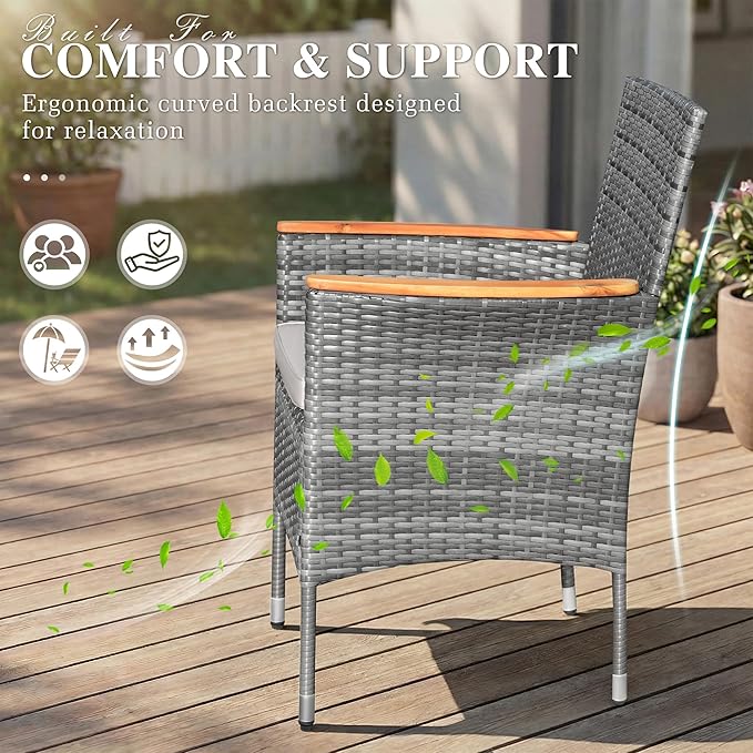 Devoko Outdoor Patio Dining Sets 9 Pieces Wicker Outdoor Dining Table and Chairs Set with Acacia Wood Table Top and Widened Armrests for Backyard, Garden, Deck (Grey)