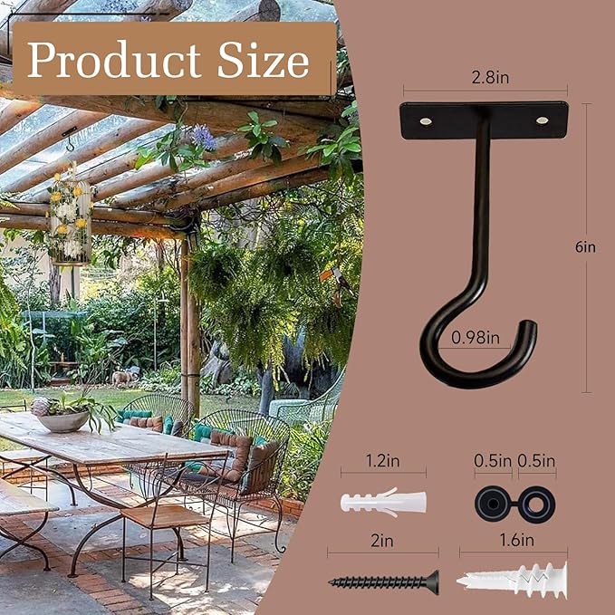 2Pack 4Inch Ceiling Hooks for Hanging Plant, Hanger for Indoor and Outdoor Plant Pots Holder, Wall Hook for Planters, Flower Basket, Wind Chimes, Lanterns, Lights, Bird Feeders, Home Decor-Black