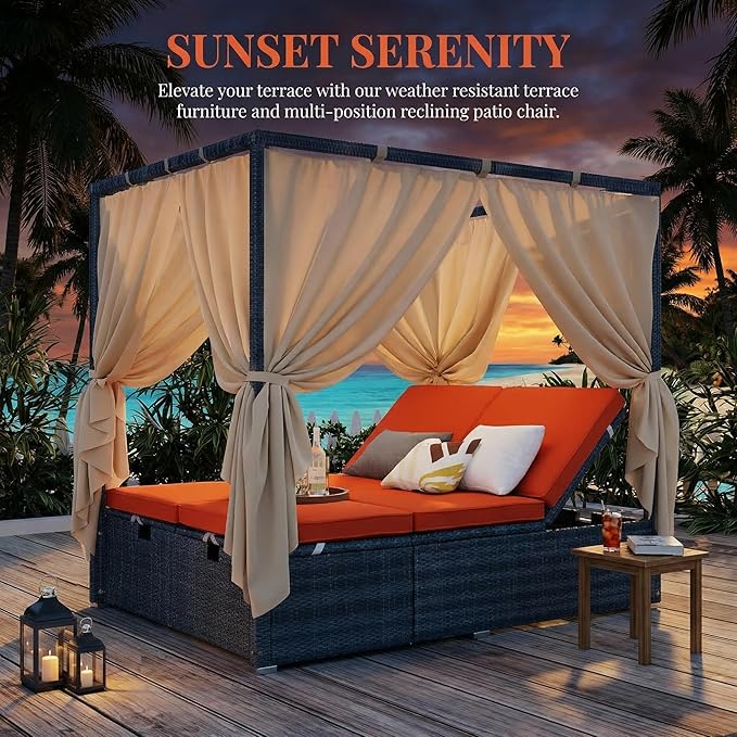 Harper & Bright Designs Adjustable Outdoor Sun Lounger with Canopy,Multi-Position Recline Patio Chair with Removable Cushion,Weather-Resistant Rattan Chaise Lounge for Poolside,Garden & Terrace,Orange
