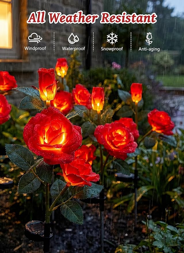 Brightown Outdoor Solar Flower Lights, 4 Pack Solar Garden Light with Larger & More Realistic Red Rose, Bigger Solar Panel, Waterproof Solar Lights Outdoor for Yard Garden Lawn Pathway Decoration