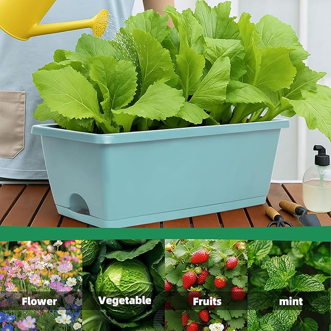 Window Box Planter, 12 Pack Plastic Vegetable Flower Planters Boxes 17 Inches Rectangular Flower Pots with Saucers for Indoor Outdoor Garden, Patio, Home Decor (Brick RED) (Sky Blue)