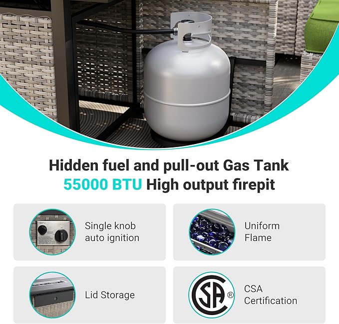 9-Piece Outdoor Patio Furniture Set with 55,000 BTU Fire Pit Table, PE Wicker Rattan Sectional Sofa Patio Conversation Set with Ottomans & Coffee Table, Avocado Green