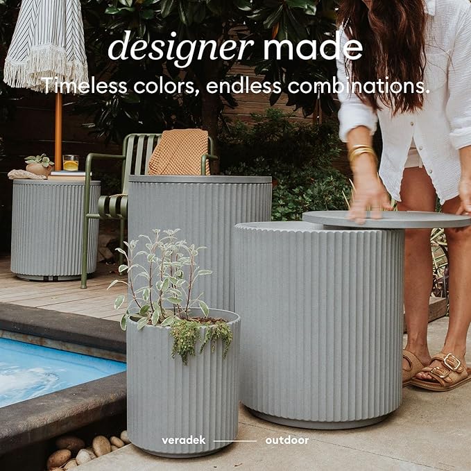 Veradek 21in Outdoor Cooler Side Table, Modern, Stone-Plastic Composite, Gray, Weather Resistant, Made in Canada