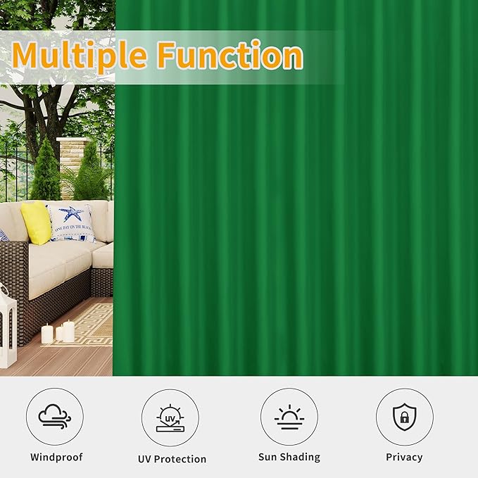 Easy-Going Outdoor Patio Curtains Detachable Tab Top Windproof Weatherproof Curtain for Cabana, Porch, Pergola and Gazebo, Tab Bottom Drape, 2 Panels, 110W x 108L inch, Green
