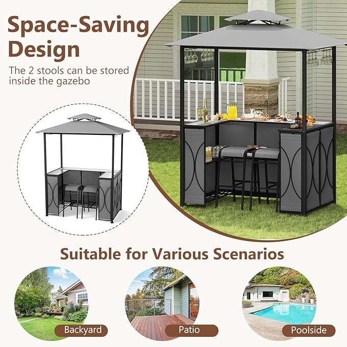 Tangkula 3-Piece Patio Bar Set, Grill Gazebo & 2 Bar Stools with Tempered Glass Bar Table, Metal Storage Shelves, Glass Holders, Double-Tier Soft Top Canopy BBQ Gazebo Shelter for Patio Garden (Grey)