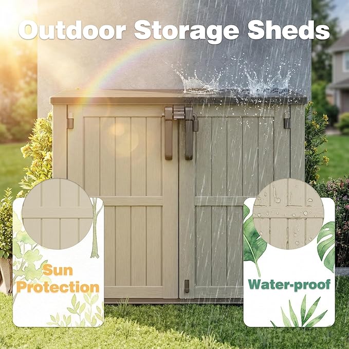 LHBcraft Waterproof Outdoor Storage Box 36 Cu Ft with Lockable Doors, Portable Horizontal Resin Storage Shed, Easy to Assemble, Outdoor Storage Cabinet for Backyards, Brown-Beige