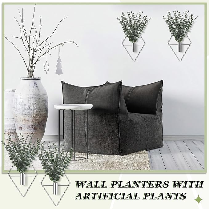 Jexine 8 Pcs Hanging Planters with Artificial Eucalyptus Metal Hanging Vase Indoor Plants Holder Modern Geometric Boho Bathroom Wall Decor for Living Room Home Office (Eucalyptus,Silver)
