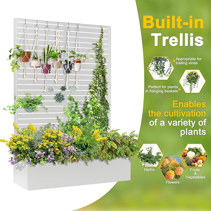 FENCY Metal Raised Garden Bed with Trellis, Metal Planter Box with Trellis, Garden Box for Climbing Plants Vegetable, 47" Lx16 Wx71 H Garden Bed with Drainage Holes(White-Louvered)