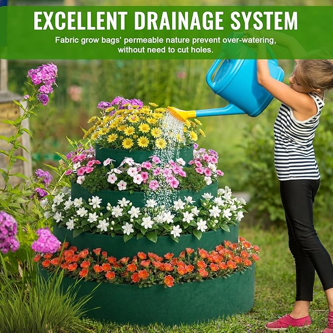 4 Pcs Plant Grow Bags 4 Tiered Strawberry Planter Tower Fabric Raised Garden Beds, 39 Inch Nonwoven Strawberry Pyramid Planter for Vegetables Flower Herbs Gardening Outdoor Growing (Green)