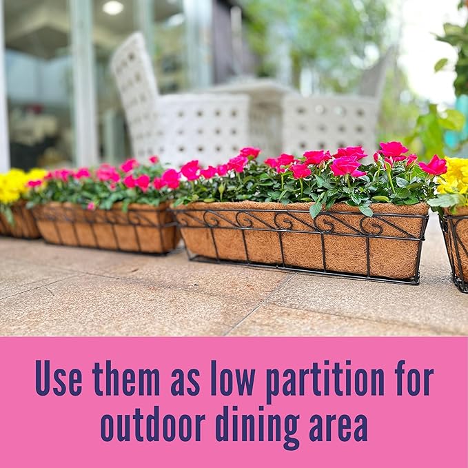 LaLaGreen Wall Mounted Planters - 30 Inch, 4 Pack Window Flower Boxes Basket Outdoor, Balcony Planter Over The Rail, Deck Railing Hanging with Coco Liners, Metal Horse Troughs Fence Patio Porch