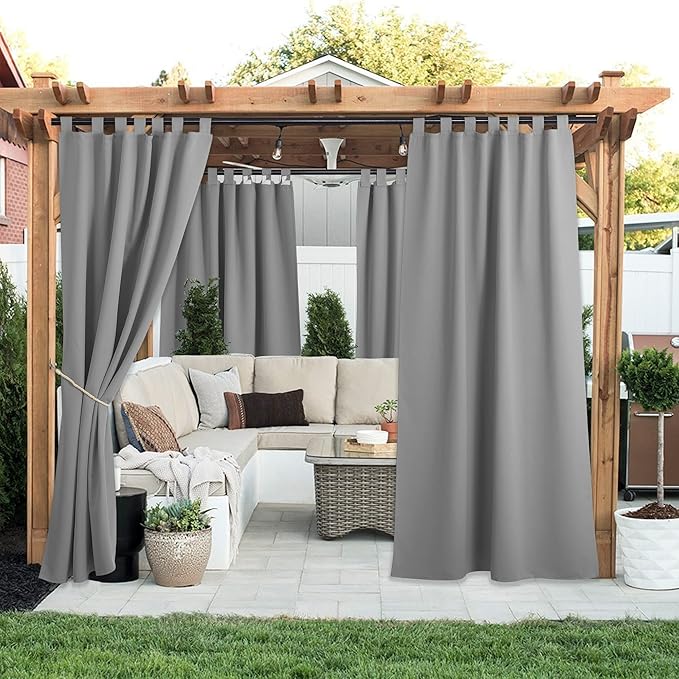 NICETOWN 2 Panels Patio Curtainss Outdoor Waterproof 84 Long, Detachable Sticky Tab Top Heavy Weight Blackout Sunblock Window Treatment, Keep Privacy for Gazebo/Dock, W52 x L84, Silver Grey
