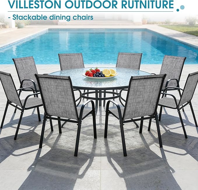 Outdoor Stackable Chairs Set of 8, Stacking Patio Chairs with Textilene Fabric, Outside Furniture for Garden Backyard Balconie Poolside Deck, Grey