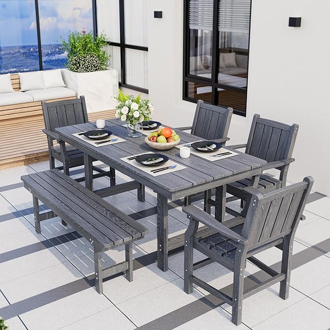 Pamapic 6 PCS Outdoor Dining Set, Spacious HDPE Outdoor Table with 4 Chairs and 1 Bench, Wood Grain Patio Furniture Sets with Elegant Armrest, All-Weather Patio Dining Table with Umbrella Hole, Gray