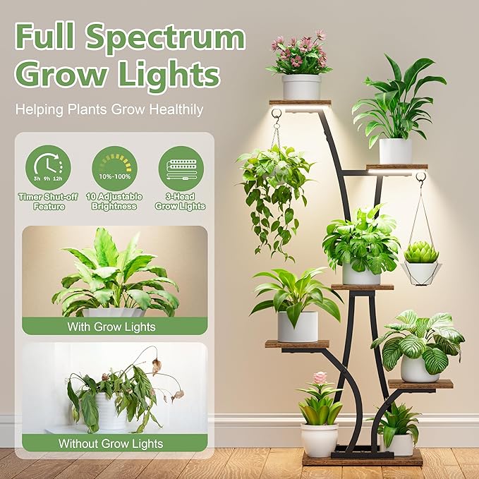 Plant Stand with Grow Light for Indoor Plants, 6 Tiered Metal Plant Shelf, 45" Indoor Plant Rack with 7 Shelves and 2 Hooks, Modern Corner Plant Holder for Living Room Balcony Bedroom, Black