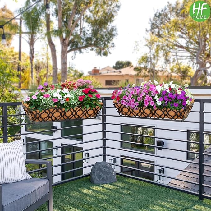 HFHOME 24 Inch Window Deck with Coco Liner, 24" Window Boxes Horse Trough with Coconut Coir Liner, Black Metal Hanging Flower Planter Basket Railing Planter for Outdoor Indoor Lawn - 4 Pack