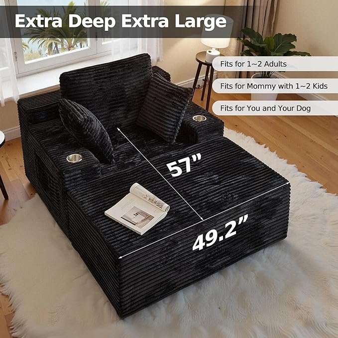 CHORRO67 Chaise Lounge Chair Indoor,Oversized Boneless Single Sleeeper Couch Bed,Corduroy Cloud Sofa with 3 Soft Pillows for Livingroom,Bedroom,No Assembly (Black)