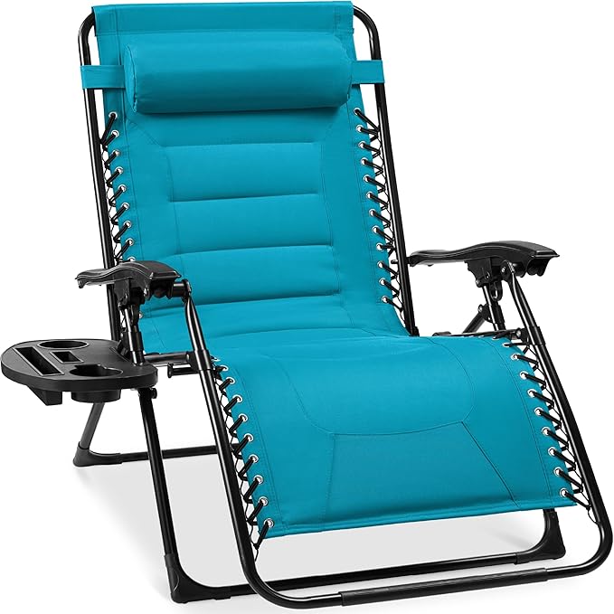 Best Choice Products Oversized Padded Zero Gravity Chair, Folding Outdoor Patio Recliner, XL Anti Gravity Lounger for Backyard w/Headrest, Cup Holder, Side Tray, Polyester Mesh - Aqua Blue