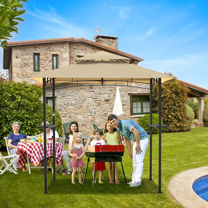 AECOJOY 8' x 5' Outdoor Grill Gazebo Canopy, BBQ Canopy for Outdoor Grill, 2- Tier BBQ Gazebo Shelter for Patio, Backyard and More (Beige)