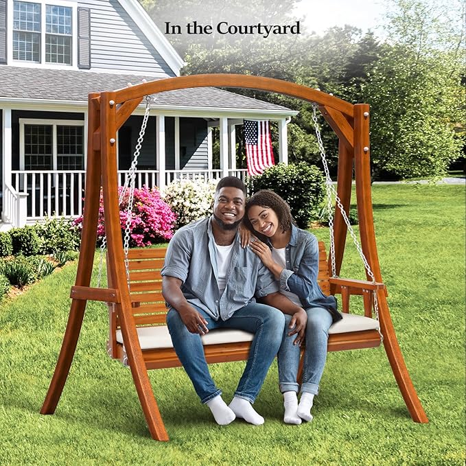 VINGLI Heavy Duty 880 LBS Patio Wooden Porch Swing Outdoor with Extra Cushion, Farmhouse Hanging Bench Tree Swing with Adjustable Chains for Yard | Garden | Lawn | Balcony (5 FT, Brown)