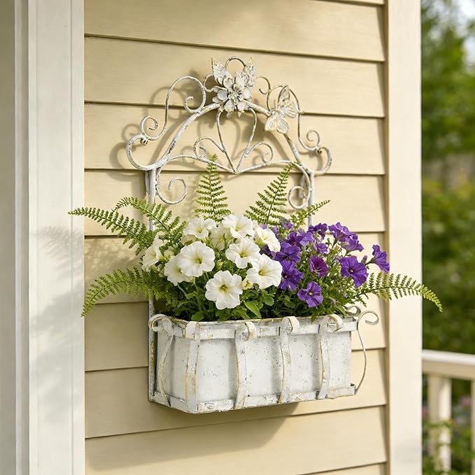 Rustic Metal Wall Planter Vintage Wall Mounted Flower Pot Farmhouse Distressed Wall Hanging Plant Basket with Floral & Butterfly Decor for Indoor Outdoor Garden Home Yard (White#2)