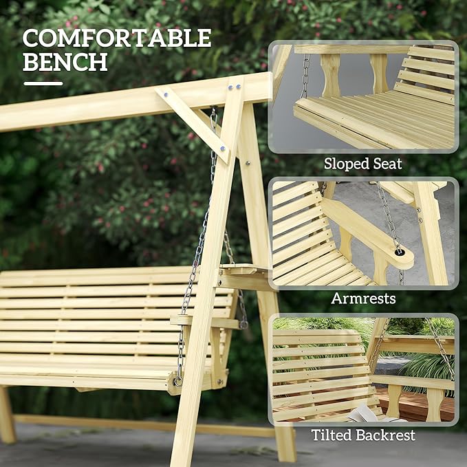 Outsunny 3 Seat Porch Swing with Stand, Wooden Patio Swing Chair with Side Tables and Metal Chains, Outdoor Swing Bench for Garden, Poolside, Backyard, Natural Wood