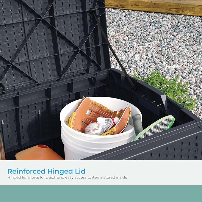 Suncast Outdoor Storage Box - 73 Gallon Cyberspace Resin Wicker Deck Box with Lockable Lid, Outdoor Storage Bin for Patio Cushions, Shoes, Pool & Garden Gear, Made in USA