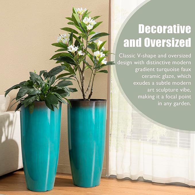 Glitzhome 30" H Tall Outdoor Planter, Set of 2 Large Tall Planters with Gradient Turquoise Faux Ceramic Finish, Plastic Large Flower Pots for Porch Garden Indoor All Season Decor,with Drainage Holes