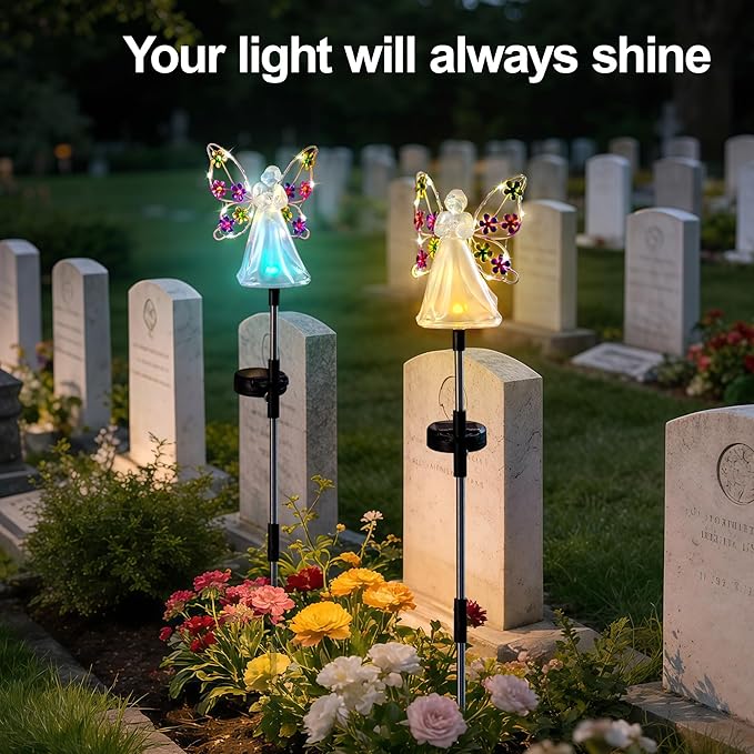 Angel Solar Lights for Cemetery Memorial Gift Grave Decorations Solar Angel Stake Lights Outdoor Waterproof Garden Decor Yard Lawn Ornaments, Angel Gifts for Women 2 Pack