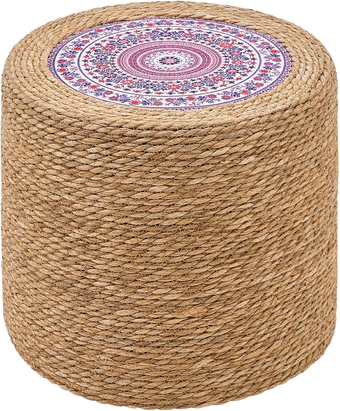 Wimarsbon Round Pouf Ottomans, Handwoven Natural Water Hyacinth Seagrass Pouffe,Outdoor Rattan Stool Accent Seat, Bohemian Coastal Home Decor (18inch Natural Cattail-Boho 4)