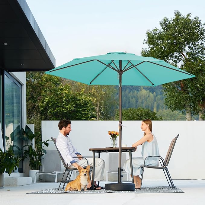 JEAREY 7.5FT Patio Umbrella Market Table Umbrella with 6 Sturdy Ribs, Push Button Tilt/Crank Outdoor Umbrella for Garden, Deck, Backyard, Pool and Beach,Teal Blue