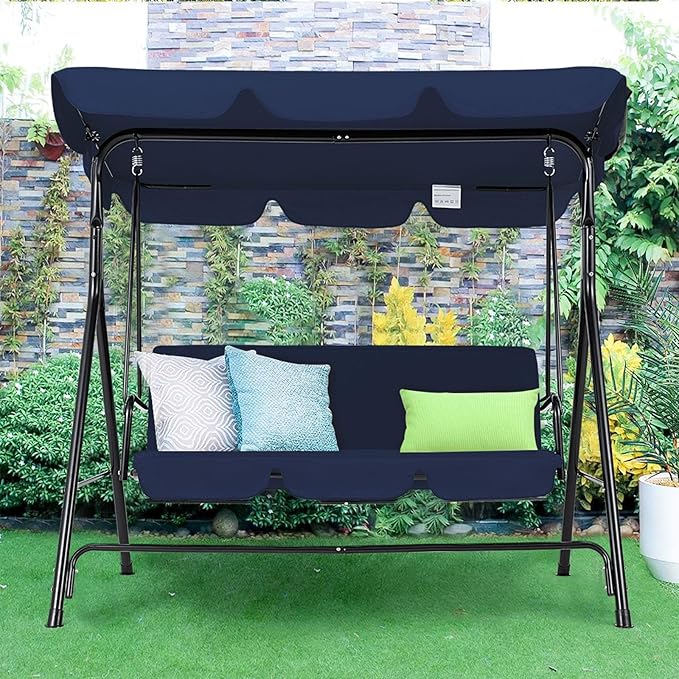 AECOJOY Porch Swing with Stand, 3-Seat Outdoor Clearance Porch Swings for Adults, Outdoor Patio Swing with Adjustable Canopy & Removable Cushion for Backyard, Garden, Yard, Poolside, Balcony (Blue)