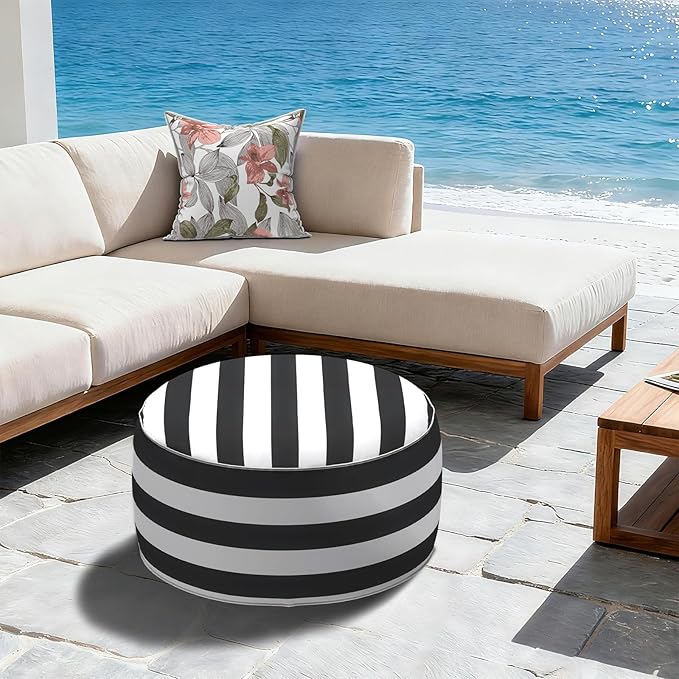 LVTXIII Inflatable Stool Ottoman Footrest with Handle, All Weather Footrest Seat, Indoor or Outdoor Pouf for Home Patio Garden and Camping Use, D31 xH14, Large Round, Cabana Black
