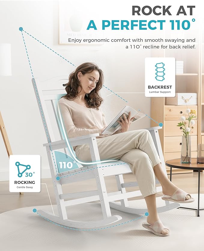 Ciokea Oversized Outdoor Rocking Chairs Set of 4, 380lbs Heavy-Duty Large Patio Rocker, High Back Cozy Porch Chairs, Weather Resistant Patio Rocking Chairs for Outside, Fire Pit, Deck, White