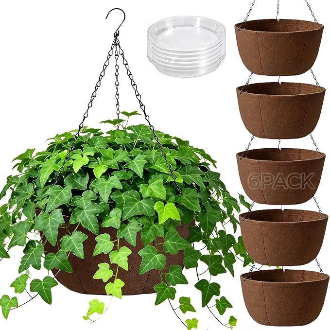 T4U Hanging Planters for Outdoor Plants, 10 Inch 6 Pack Fabric Hanging Baskets with Drainage Tray, Decorative Hanging Pots for Plants Outdoor Patio Porch Garden Use（Brown）