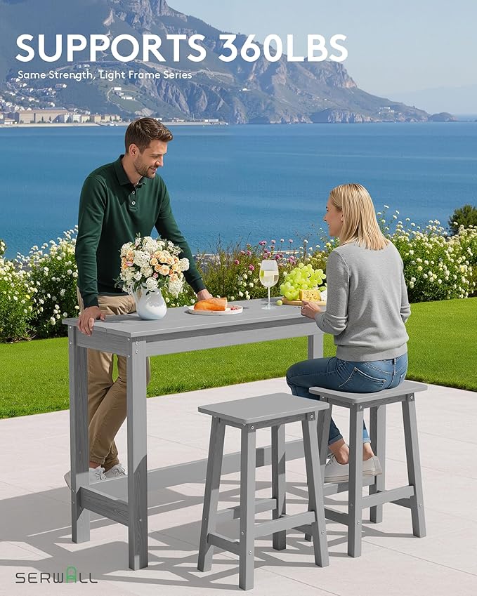 SERWALL 3-Piece Outdoor Bar Set, Rectangular All Weather HDPE Bar Height Patio Set, Outdoor High Top Table and Stools for for Outside, Poolside, Backyard, Garden, Grey