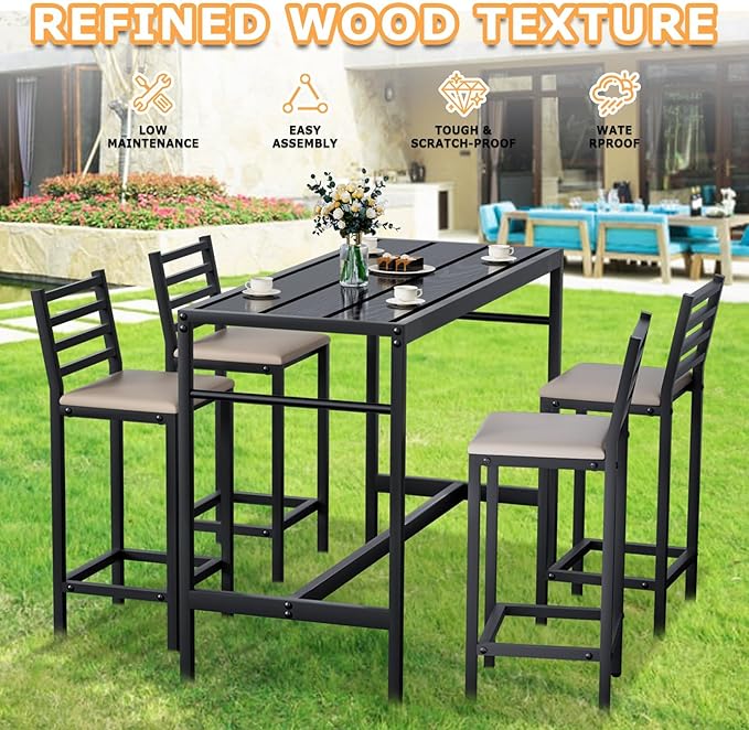 5 Piece Outdoor Patio Bar Set, 54.7" Rectangular Counter Height High Top Bar Tables, 4 Cushioned 41" Bar Stools, Metal Bar Table and Chairs Set for Poolside, Balcony, Backyard, Porch