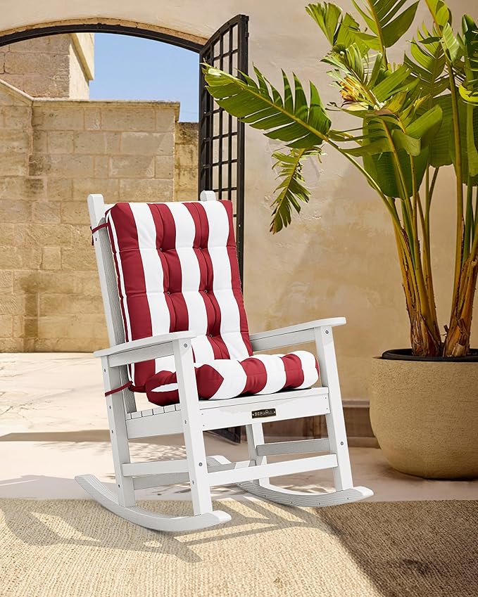 SERWALL HDPE Outdoor Rocking Chair Cushion Set of 2, Memory Foam Cushion Red White