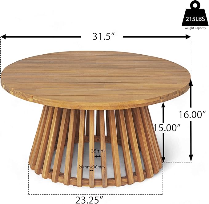 Merax Outdoor Acacia Wood Conversation Set - Patio 3-Seat Loveseat Sofa w/Coushion and Round Coffee Table for Backyard, Lawn, Balcony, Teak+Beige