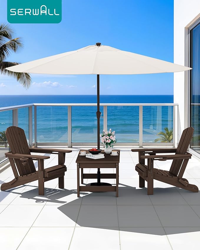 SERWALL Outdoor Coffee Table with 9FT Umbrella, HDPE Patio Coffee Table for Outside, Rectangle, Coffee(Not Include Umbrella Base)