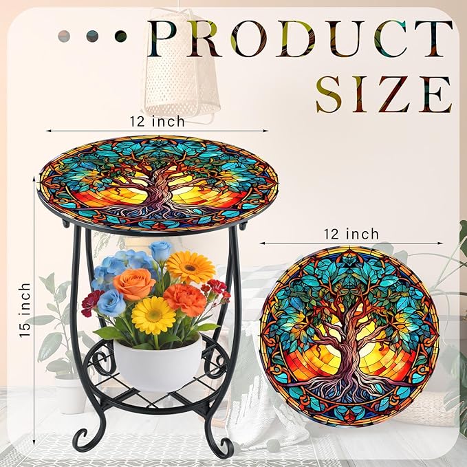 Outdoor Side Table Round Small Mosaic Patio Accent Indoor End Plant Coffee Tea Table for Yard Patio Porch Garden Living Room, Bedroom(Tree of Life Style,12 Inch)