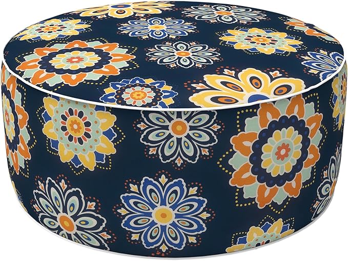 LVTXIII Inflatable Stool Ottoman Footrest with Handle, Decorative Fade-Resistant Foot Stool, Indoor or Outdoor Pouf for Home Garden and Camping Use, D21 x W 21 x H9, Bloom Medallion‌ Cobalt