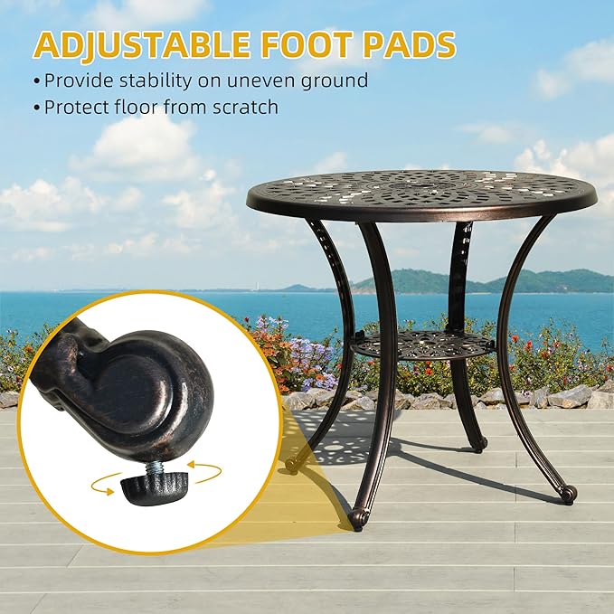 DWVO 30 Inches Round Patio Dining Table with Umbrella Hole, Antique Cast Aluminum Outdoor Bistro Table Outdoor Side Table for Backyard, Garden, Patio, Porch, Hammered Bronze