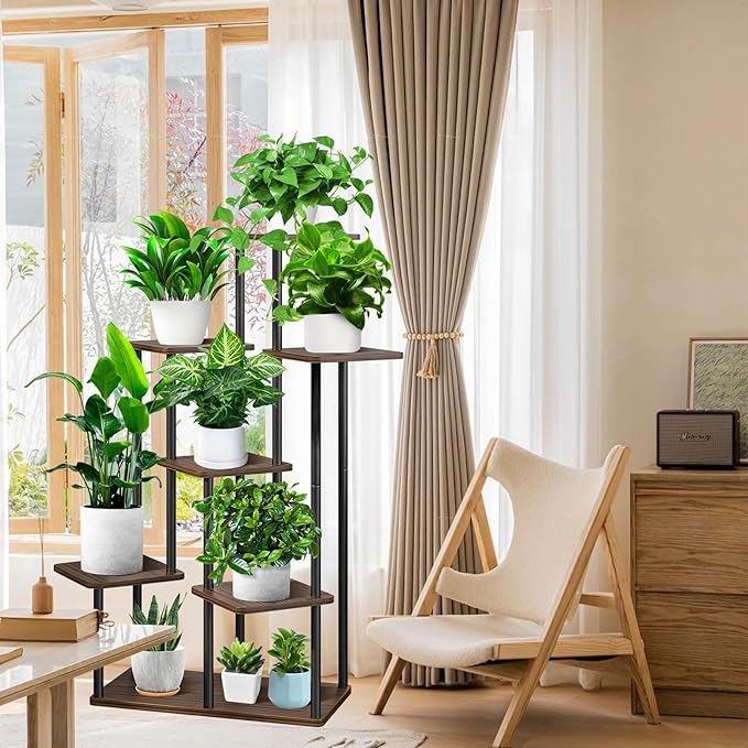 7 Tier Plant Stand Indoor, Thickened Metal Wood Corner Plant Shelf Stands for Multiple Plants, Indoor Tall Plants Stand Tiered Flower Holder for Living Room Patio Garden Balcony(Black+Oak)