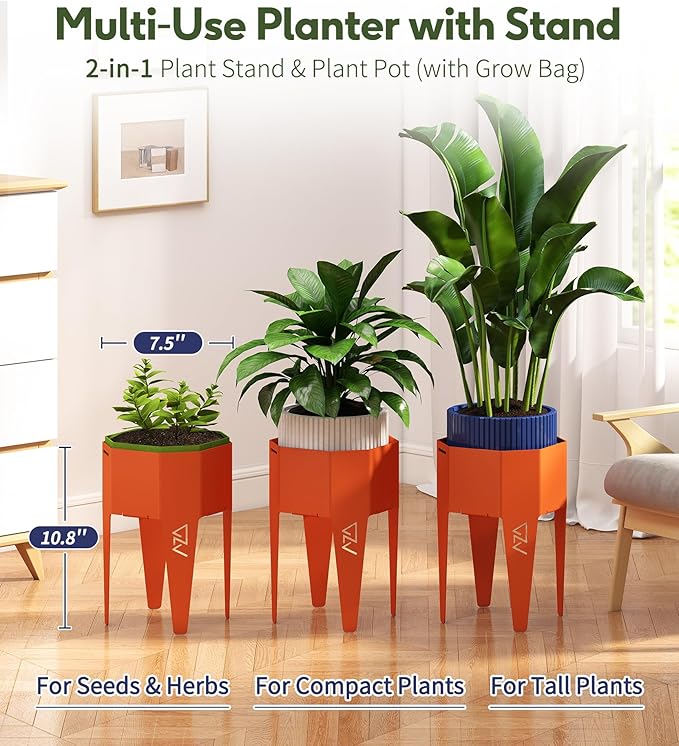 Planter with Stand, Metal 2 in 1 Portable Planter with Grow Bags & Handle, Stable Stylish Indoor Plant Pots with Stand, Modern Plant Stand Indoor, 7.5'' x 17.3'', Orange, Plant Not Included