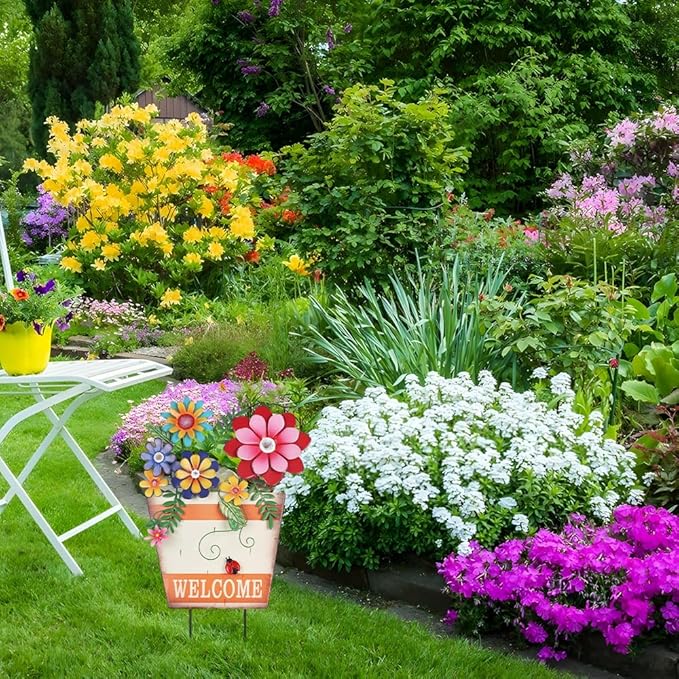 hogardeck Garden Decor for Outside, Metal Flower Pot Decorative Garden Stakes with Flowers for Spring Decor, Yard Art Welcome Sign for Outdoor Garden Lawn Backyard Porch Patio Decorations